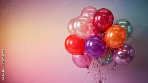 A vibrant bunch of colorful balloons floating in the air against a gradient background