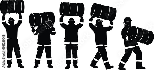Industrial workers carrying heavy oil barrels silhouettes, manual labor, construction and factory workforce, strength, teamwork, lifting tasks, industry concept illustration