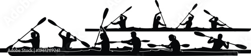 Kayaking silhouette vector set, paddlers in kayak boats collection, water sport action scenes, black athlete figures illustration isolated on white background