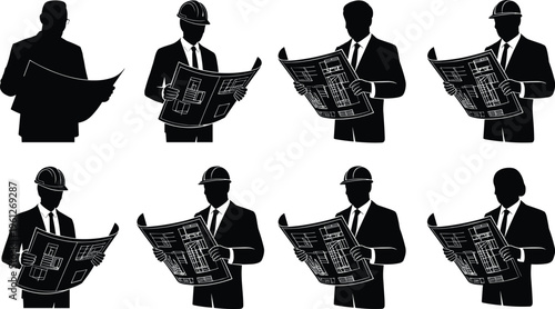 Business professionals, architects, engineers, construction managers, teamwork, blueprint planning, project collaboration, corporate silhouettes, hard hats, architectural