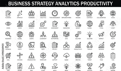 business strategy analytics productivity line icon set management planning workflow vector outline icons modern professional corporate collection pack
