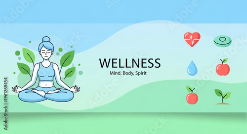Wellness concept with woman meditating in nature surrounded by healthy symbols