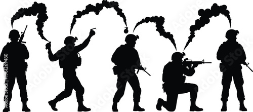 Military soldiers using smoke grenades and tactical weapons silhouettes, combat operation, battlefield strategy, special forces action, defense training concept illustration set