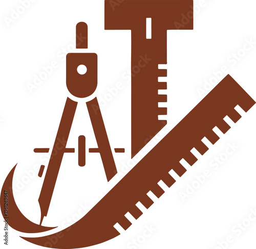 Brown Compass and Ruler with Architectural Tools on White Background