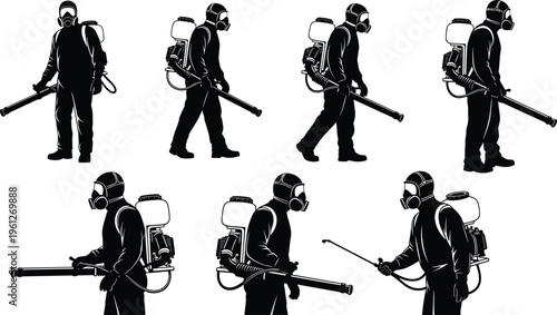 Pest control worker fumigation silhouette vector set, disinfecting service operator collection, protective suit with sprayer, sanitation process illustration isolated