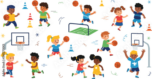 Kids Playing Basketball Illustration Set Featuring Diverse Children Dribbling, Running, and Shooting on Playground with Fun and Active Cartoon Vector Style.