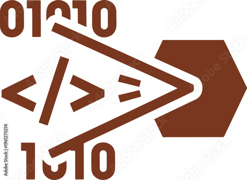 Brown abstract symbol with numbers and arrows on white background