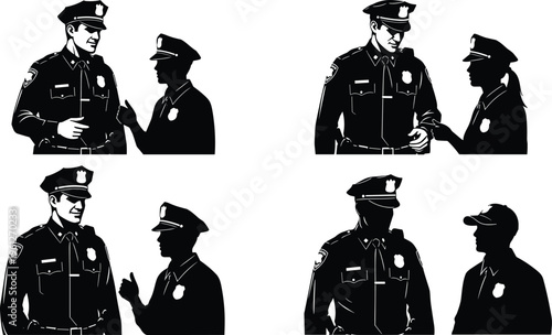 Police officers interacting with civilians silhouette set, law enforcement communication, community policing, public safety service, authority, teamwork, security concept illustration