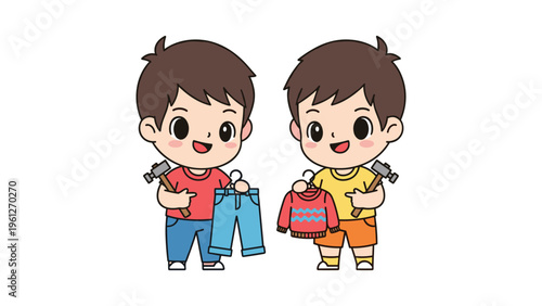 two happy school boys holding backpacks walking together vector illustration