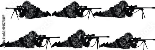 Sniper in ghillie suit silhouette vector set, military camouflage shooter collection, prone aiming rifle poses, tactical stealth illustration isolated on white background