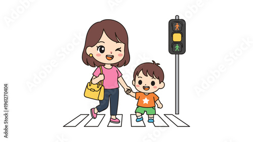 mother and child crossing street at pedestrian traffic light vector illustration