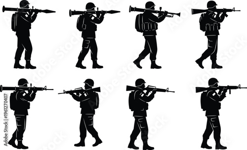 Soldier walking with rocket launcher silhouette vector set, military infantry patrol collection, armed forces figures, combat weapon illustration isolated on white background