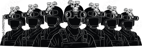 Special forces soldier night vision silhouette vector set, tactical military operators with NVG helmets, elite army unit illustration isolated on white background
