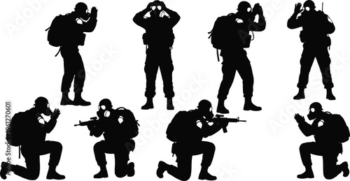 Soldier with gas mask silhouette vector set, military chemical protection poses collection, armed infantry in protective gear illustration isolated on white background
