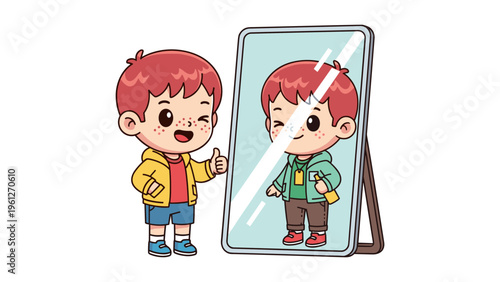 boy admiring reflection in broken mirror vector illustration flat design