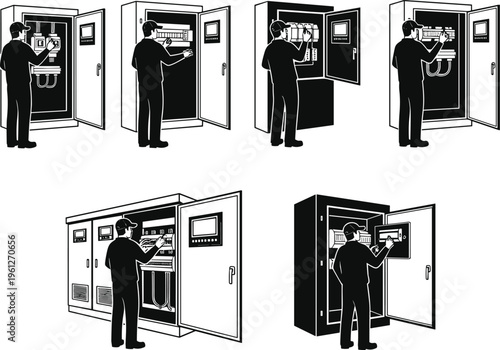 Technician working on electrical control panels silhouettes, industrial maintenance, power system inspection, circuit management, engineering service, equipment operation concept illustration set