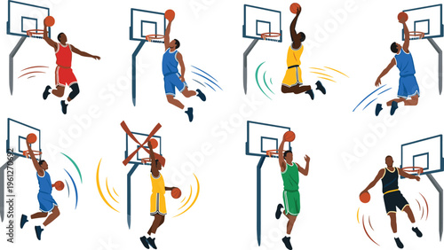Basketball Dunk Action Illustration Set Featuring Players Jumping, Scoring, and Performing Dynamic Moves at Hoop in Competitive Sports Vector Design Style.