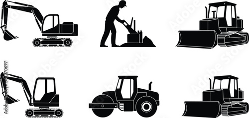 Construction equipment silhouettes, excavator, bulldozer, road roller, jackhammer worker, heavy machinery, building site tools, industrial machines, construction industry,