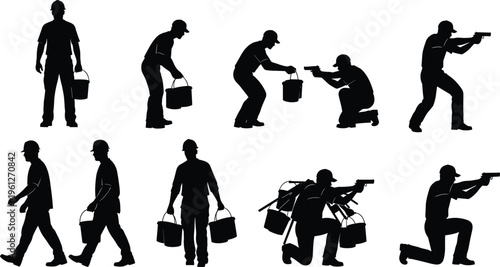 Worker and armed attacker silhouettes, robbery threat scenario, crime and security risk, danger situation, workplace safety, emergency response concept illustration set