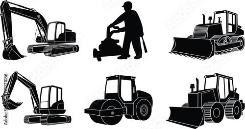 Construction machinery silhouettes, excavators, bulldozer, road roller, pavement compactor, front loader, heavy equipment, earthmoving machines, industrial illustration, worker operating