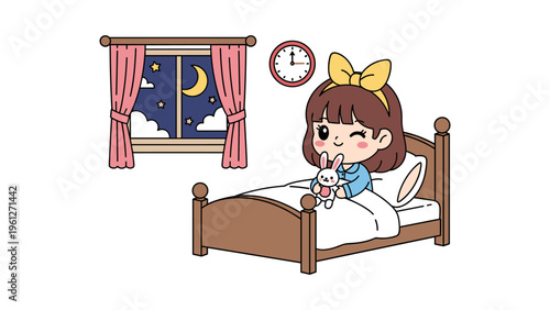 girl reading bedtime story under moonlit window vector illustration