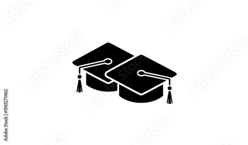 A minimalist vector graphic of two graduation caps with tassels