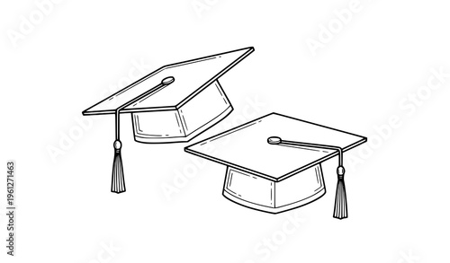 A minimalist line art illustration of two graduation caps with tassels