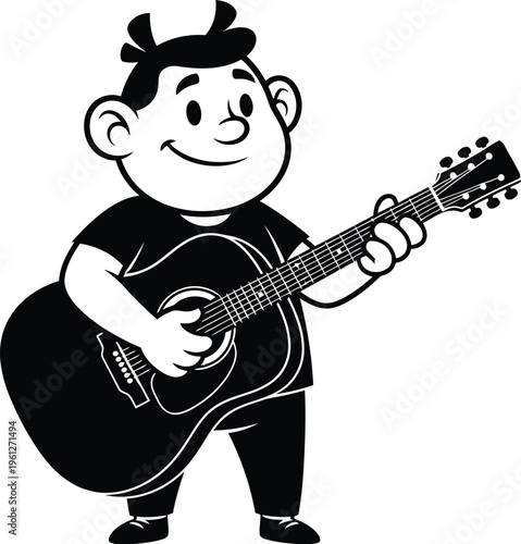 A cute black and white cartoon boy with a joyful expression confidently plays an acoustic guitar, embodying a fun and friendly representation of youthful musical talent and passion.