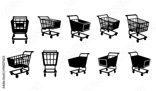 A set of black shopping cart icons on a white background