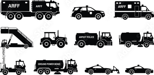 Airport Ground Support Vehicle Silhouette Set ARFF Fire Truck Police Car Fuel Tanker Baggage Tractor Water Truck Runway Equipment Black Icon Collection Isolated White Background