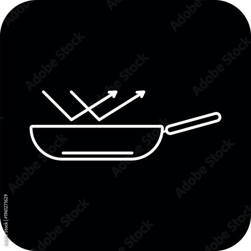 Non-stick frying pan icon vector with coating and protection, Frying pan symbol with reflection arrows representing non-stick technology, scratch resistance, and surface durability for kitchen.