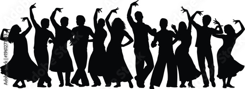 A lively and diverse group of people silhouettes enthusiastically dancing together in various celebratory poses, representing joy, freedom, community, and the spirit of celebration.