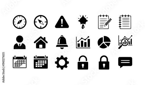 A set of black and white icons representing business and productivity concepts