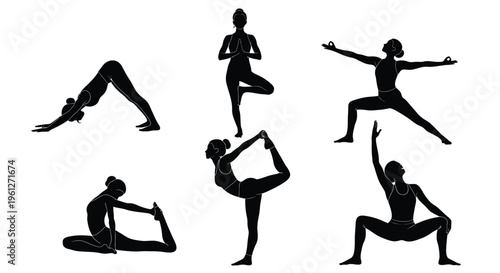 A serene collection of six diverse female silhouettes demonstrating various elegant yoga poses, representing wellness, mindfulness, flexibility, and the pursuit of physical and mental harmony.