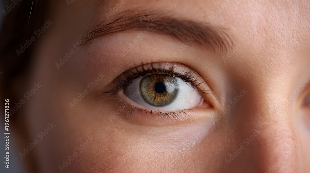 Fototapeta premium Close up of a human eye with green and hazel iris showcasing detailed iris patterns and surrounding skin texture