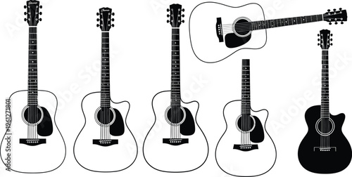 Acoustic Guitar Collection Black and White Silhouette Set Classic Folk Cutaway Guitar Musical Instrument Icon Isolated White Background