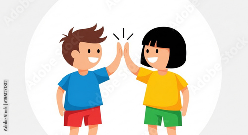 Two happy children giving high five smiling kids in colorful clothes on white background friendship and fun concept