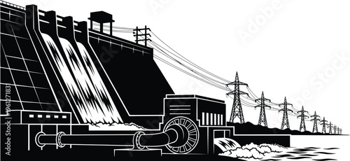A detailed illustration depicting a large hydroelectric dam generating electricity, with water cascading down and power lines extending into the distance, symbolizing renewable energy production.