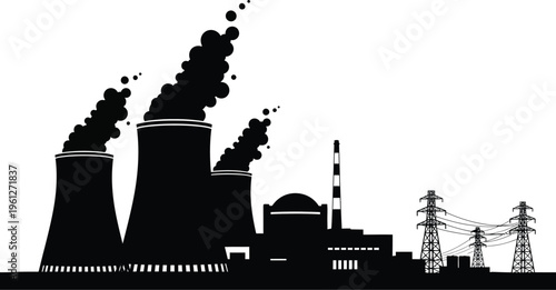 Nuclear Power Plant Silhouette Cooling Tower Factory Smoke Industrial Energy Electric Pylon Pollution Skyline Black Vector Isolated White Background