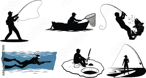 Fishing and Water Sport Silhouette Set Fisherman Fly Fishing Boat Scuba Diver Kayak Angler Catching Fish Outdoor Recreation Black Icon Collection Isolated White Background