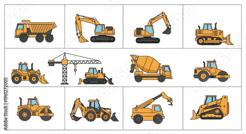 A comprehensive arrangement of heavy construction vehicles such as dump trucks, excavators, bulldozers, and loaders, essential for building sites and large-scale engineering projects.
