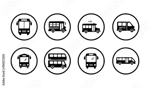 A set of black and white bus icons in circular frames