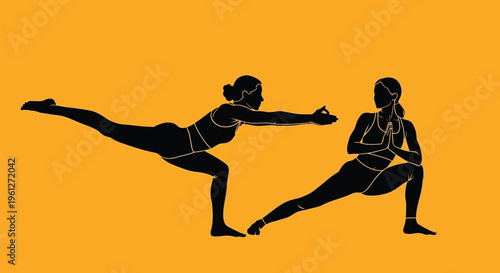 Two women gracefully practice various yoga poses, demonstrating flexibility, balance, and the harmony of mind and body in a peaceful and focused exercise routine.