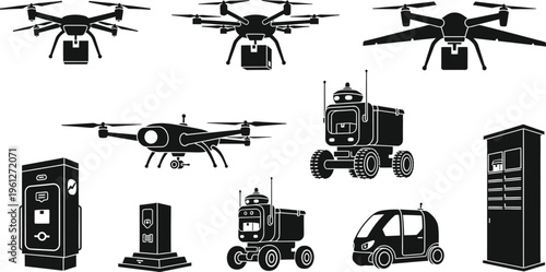 A futuristic collection of delivery drones, autonomous ground robots, a delivery pod, and a smart locker system, representing the cutting edge of modern logistics and package fulfillment.