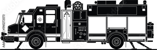 A detailed black silhouette of a fire truck, complete with its emergency equipment, ladders, and robust chassis, ready to respond to any fire emergency situation.
