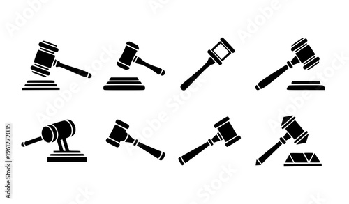 A set of black and white vector gavel icons for law and justice