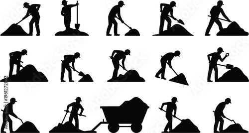 Construction worker silhouettes, manual labor, digging, wheelbarrow pushing, tool handling, teamwork, industrial illustration, construction site activity, heavy work, occupational icons