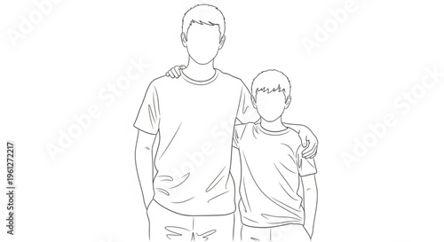 Father and son standing together in casual clothes with arms around each other in a line drawing style