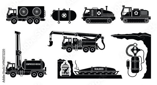 A diverse collection presents seven black and white illustrations of specialized industrial vehicles and equipment, including trucks, crawlers, and unique machinery for various heavy-duty operations.