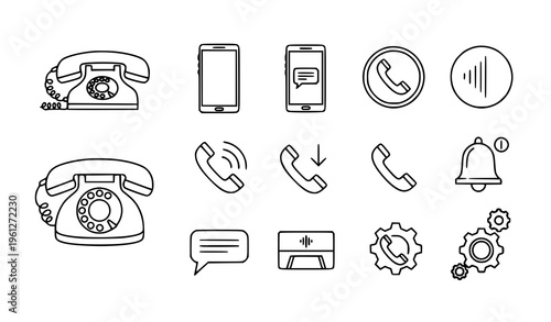 A set of line art phone icons and communication symbols in a minimal design style
